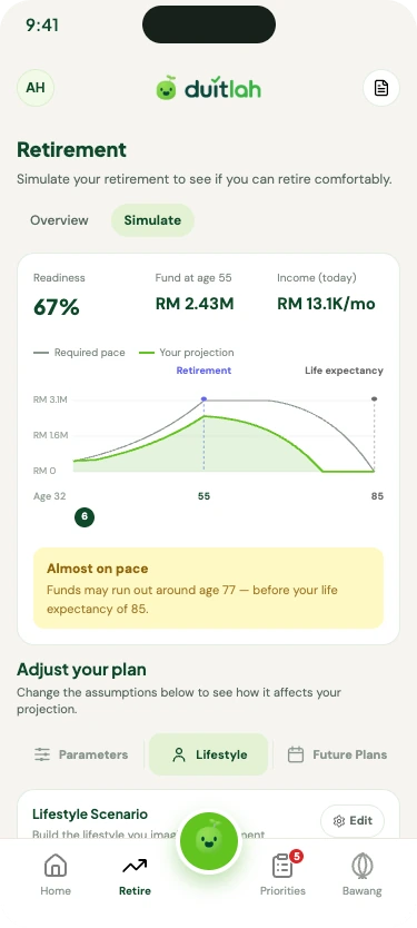 Retirement: readiness, projected fund and a simulation chart